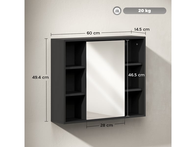  Meuble salle de bain avec miroir, placard à portes et 6 compartiments ouverts, 60 x 14,5 x 49,4 cm, noir  - Conforama E