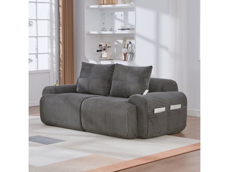 Canapé modulaire 2 places avec porte-gobelets et poche latérale, en velours côtelé gris foncé 200 × 99 × 80 cm  - Conforama D