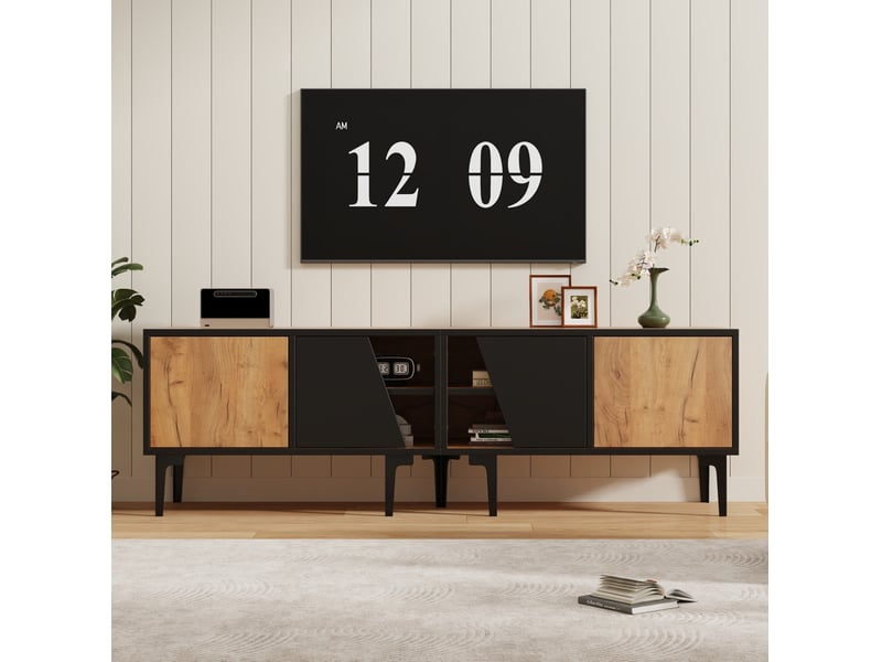  Meuble tv 160 x 36,5 x 45 cm avec 4 compartiments pour écran 65 pouces, naturel noir  - Conforama B