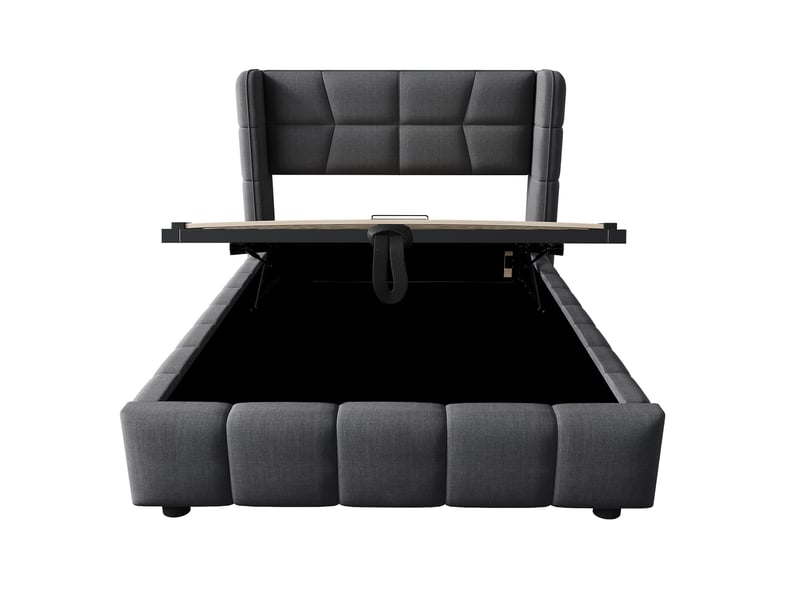  Lit coffre enfant 90 × 200 cm en tissu effet lin gris, tête rembourrée IKSETERA TRADING LTD - Conforama R