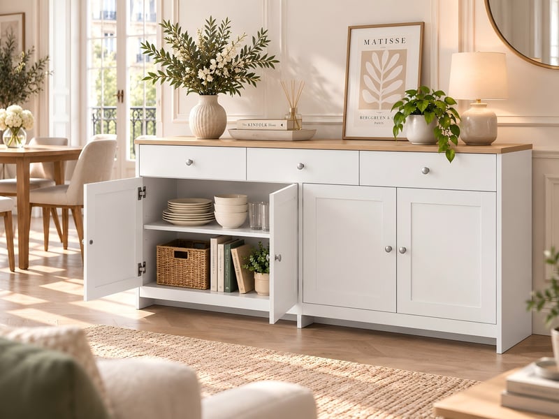 Kefsr buffet bahut 160 cm, enfilade 4 portes et 3 tiroirs, meuble de rangement style campagne rustique, blanc et plateau couleur bois - Conforama B