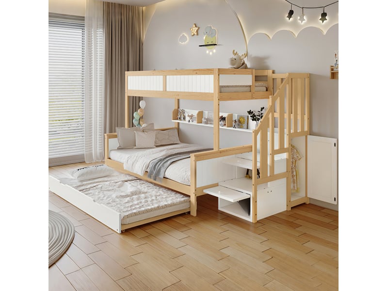  Lit superposé enfant 90x200 et 120x200 cm avec lit gigogne, blanc et naturel  - Conforama C