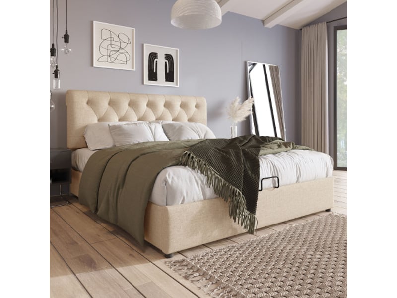 Lit coffre hydraulique 160x200 cm beige, matelas 7 zones inclus, tête réglable - Conforama W