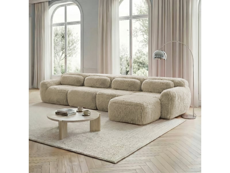 Canapé d'angle modulable 4 places sans montage 378x179 cm avec méridienne et coussins - Conforama B