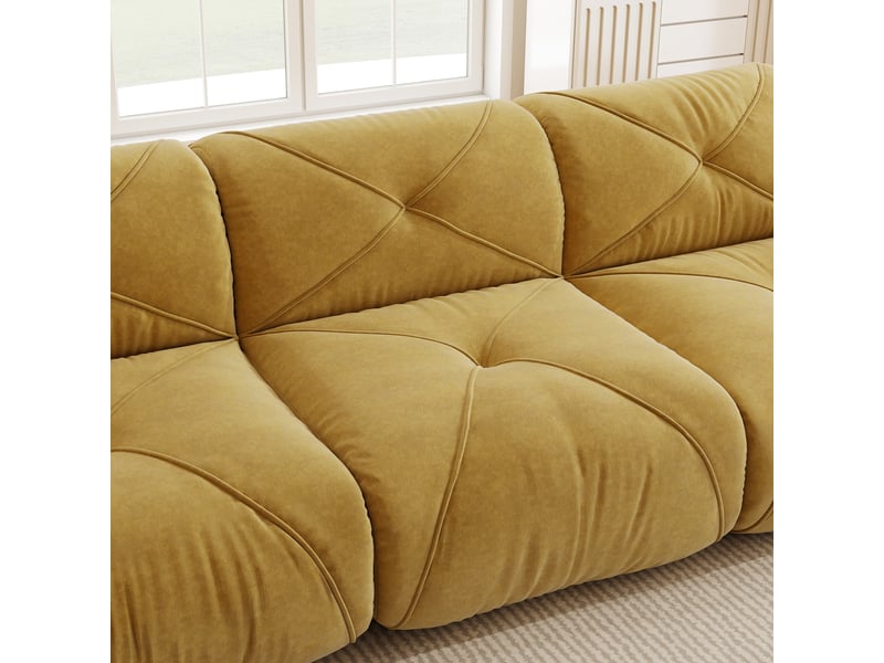  Canapé modulable 3 places en u avec rangement intégré et 2 poufs, revêtement chenille jaune, design sans dossier  - Conforama W