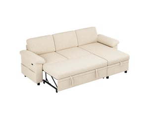 Canapé d'angle réversible convertible <strong>DESMIU</strong> <strong></strong> 3 places Velours côtelé beige avec coffre de rangement