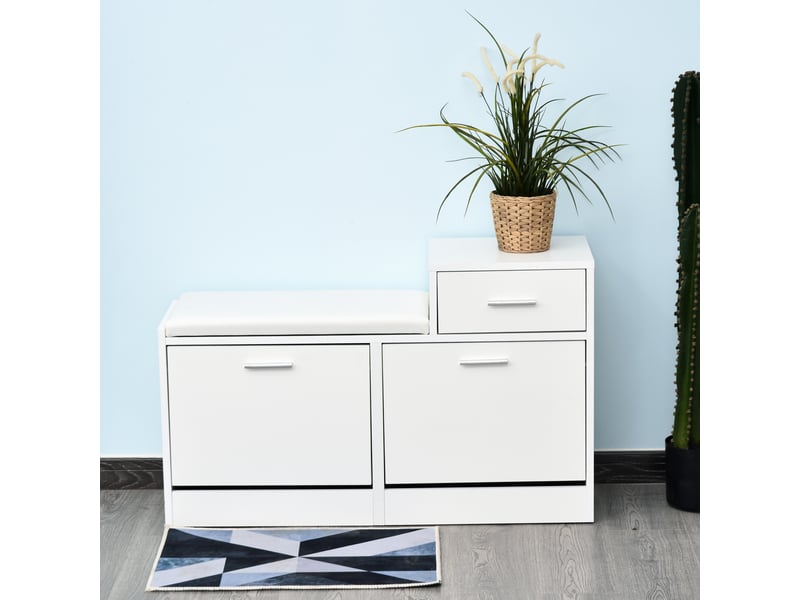  Meuble à chaussures moderne avec banc rembourré, pour 12 paires, 94,5×57×30 cm, blanc  - Conforama C