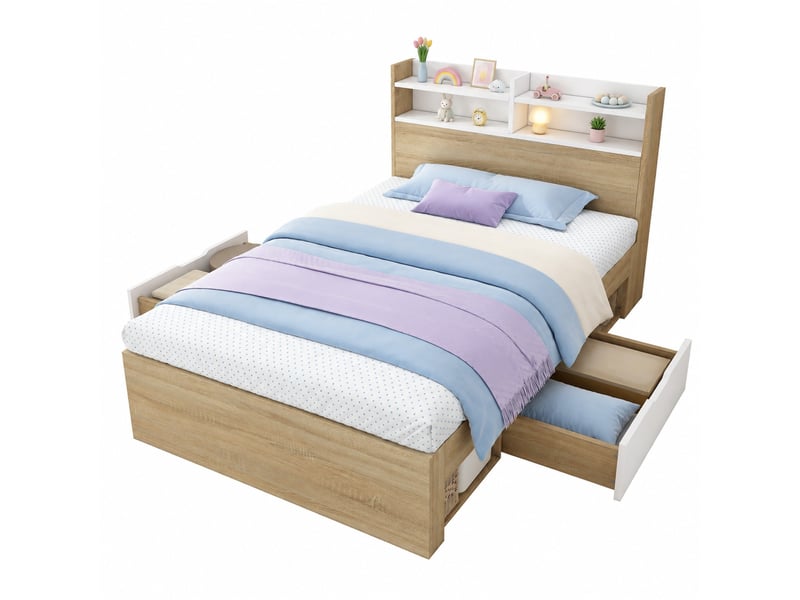  Lit 1 place 90x200 cm avec matelas, 2 tiroirs, niches de rangement, sommier à lattes, bois, blanc et chêne  - Conforama A