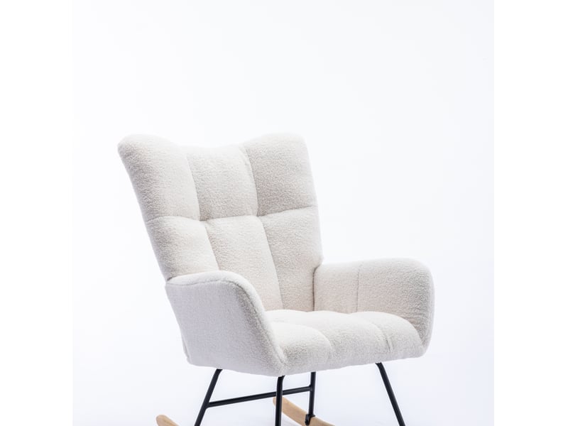  Fauteuil à bascule 65x77x90 cm, dossier enveloppant, poche latérale, tissu teddy et bois, blanc  - Conforama A