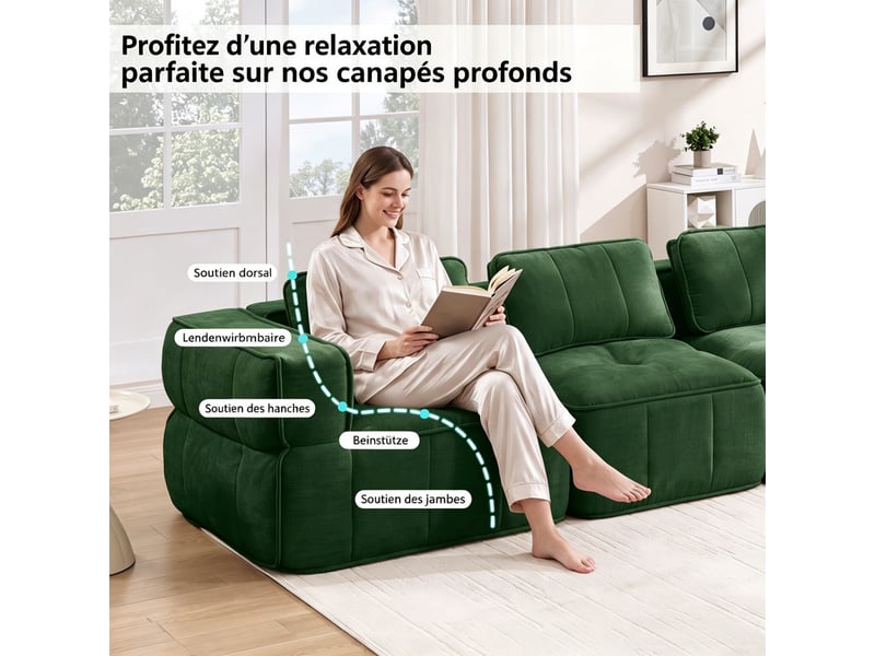 Canapé modulaire 3 places en u, 2 poufs, mousse 32d, assise profonde, tissu doux, 271×162×67 cm, vert - Conforama E