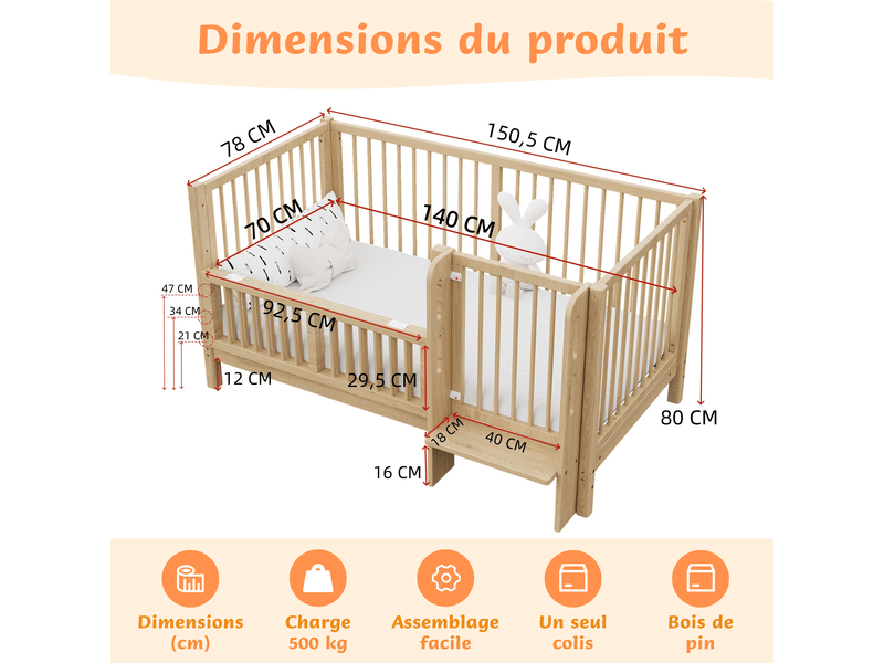  3 en 1 lit bébé évolutif en pin massif, 70x140 cm convertible lit cododo, lit enfant avec porte sécurisée et marche intégrée, certifié en716 - de 0 à 6 ans - charge maximale 50 kg  - Conforama C
