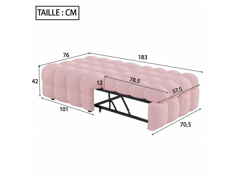  Lit banquette convertible rose en tissu bouclé, 183 x 76 x 72 cm, 2-en-1 rembourré  - Conforama C