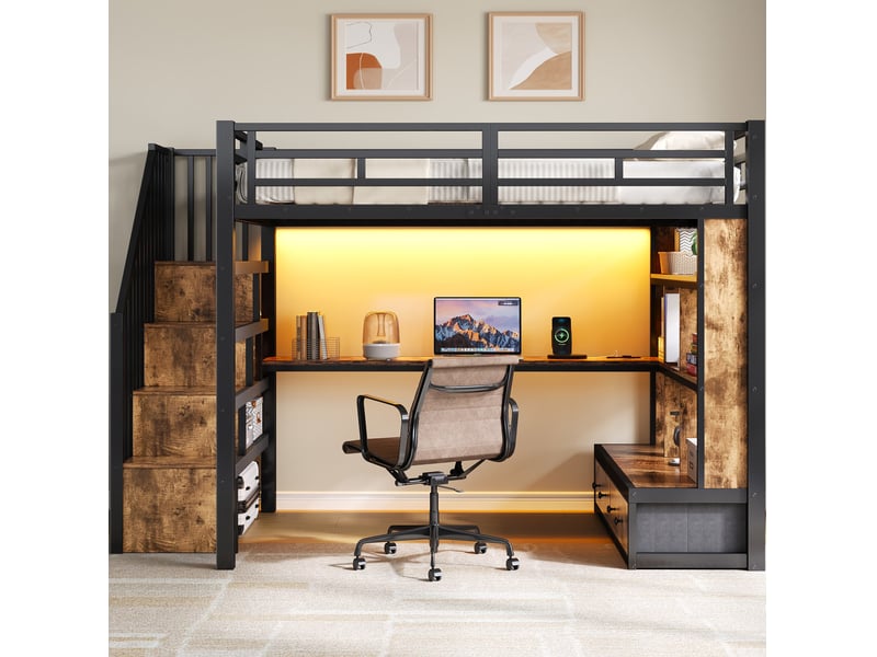  Lit mezzanine 140x200 cm noir en métal et mdf avec bureau, rangements et led  - Conforama D