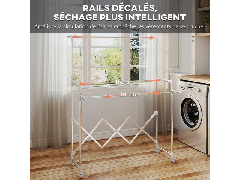  Séchoir à linge pliable 3 barres roulettes acier argent 104-150 x 103 x 145-197 cm  - Conforama D