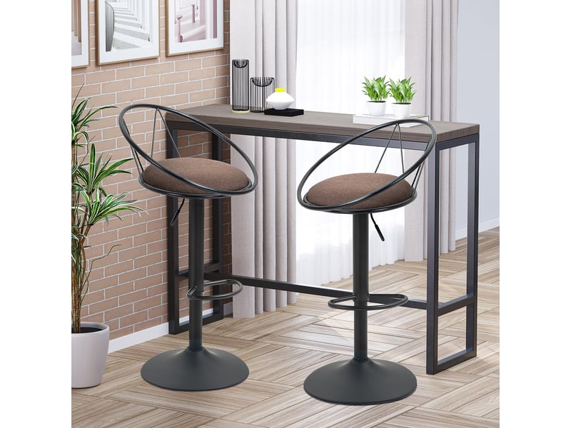  Ensemble 2 tabourets bar réglables, cuisine hauts, dossier, repose-pieds, assise moelleuse, métal, pivotants 360°, îlot central, marron.  - Conforama D