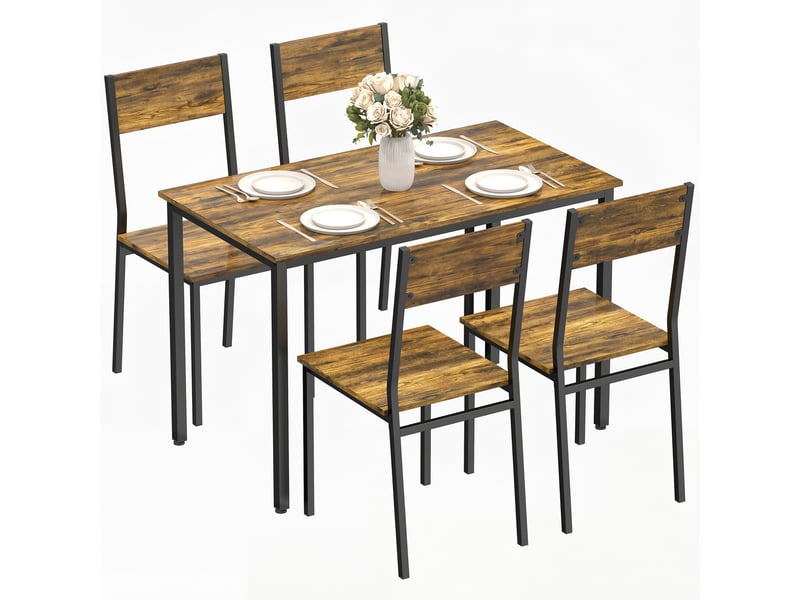  Ensemble table salle à manger avec 4 chaises, table de cuisine avec chaises 4 personnes, pieds en métal, brun rustique  - Conforama A