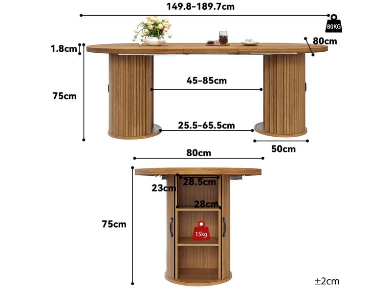 Table à manger extensible,150-190x80x75 cm,avec rangement,mdf,marron foncé - Conforama C