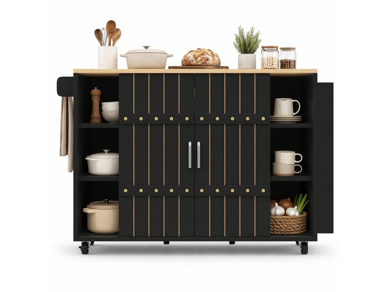  Îlot de cuisine 110x42x90 cm avec plateau rabattable, rangements et roulettes, mdf noir  - Conforama B