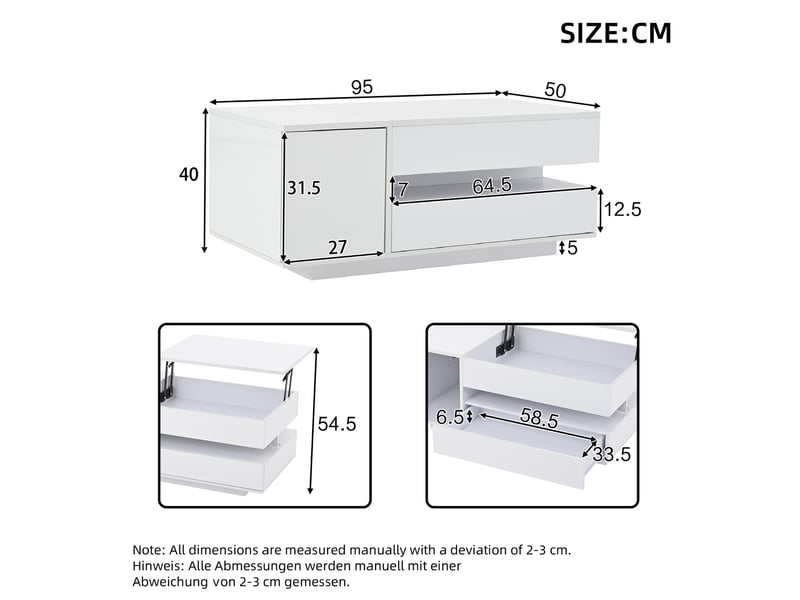  Table basse relevable 95 x 50 x 34,5 cm, table de salon, table d'appoint, table basse avec 1 tiroir et 1 placard, table console avec éclairage led, table basse laquée brillante avec rangement dissimulé et semi-ouvert, blanche  - Conforama C