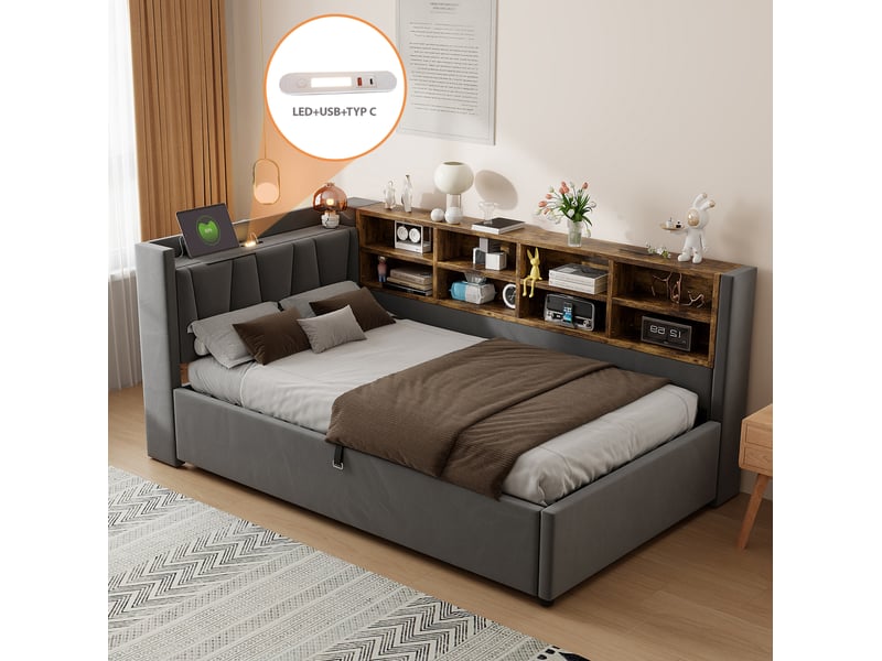  Lit coffre 90x200 cm en velours gris foncé avec éclairage et ports usb  - Conforama B