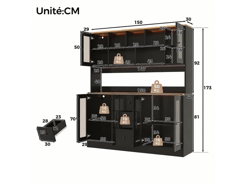 Meuble de cuisine muvano avec led et prises, buffet haut de cuisine 150 × 40 × 173 cm - Conforama W
