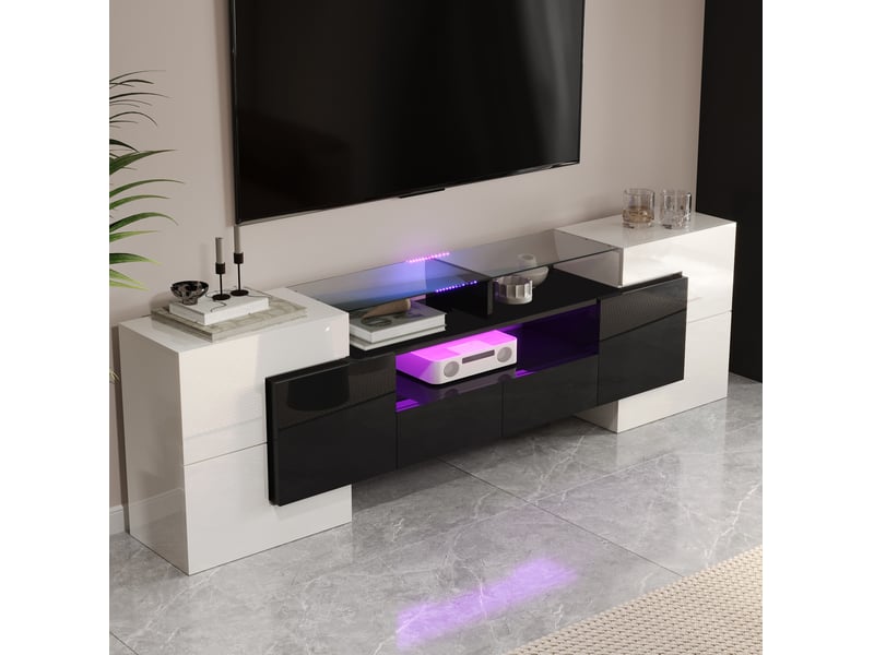  Meuble tv 200x35x60 cm, design moderne, éclairage led multicolore, structure panneau de particules, blanc et noir  - Conforama E