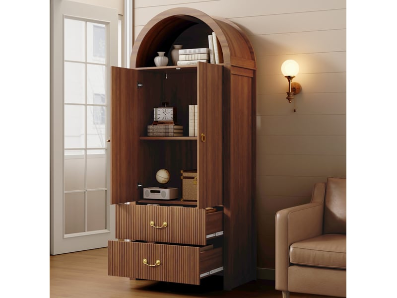  Buffet haut avec led et 2 portes 2 tiroirs 76x38x180 cm coloris noyer  - Conforama B