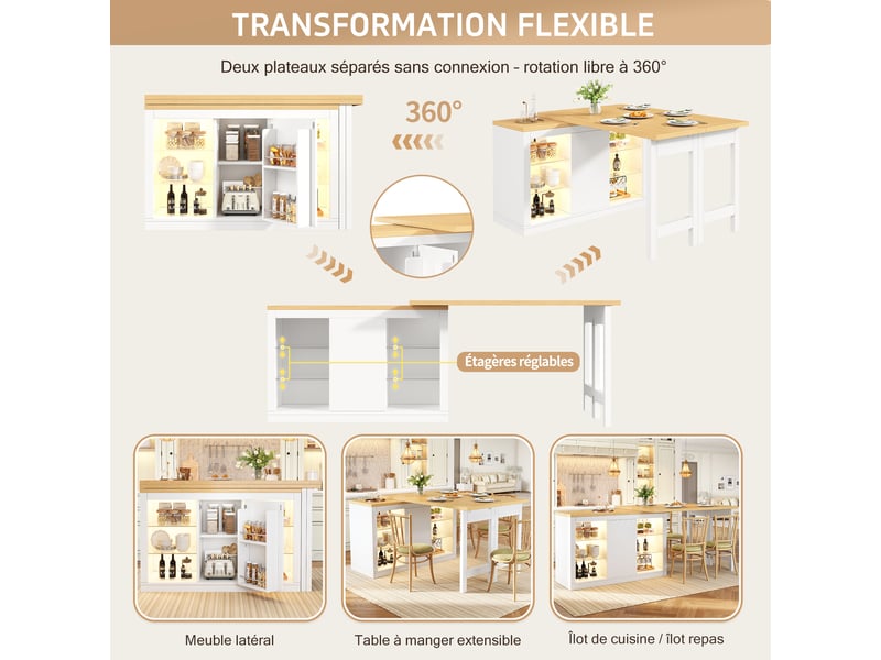  Îlot de cuisine extensible 120–197x40x72 cm avec plateau pivotante 360°, rgb led, rangement vitré et étagère réglables, blanc  - Conforama D