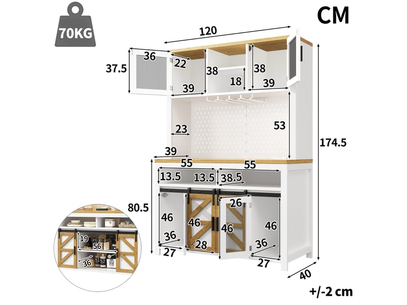  Buffet de cuisine haut avec portes coulissantes et battantes, led et prise usb, en mdf, 120×40×174,5 cm blanc  - Conforama D
