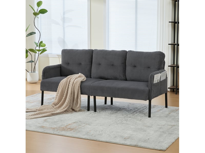  Canapé droit 3 places 171x72x80 cm en velours côtelé gris avec poche latérale  - Conforama E