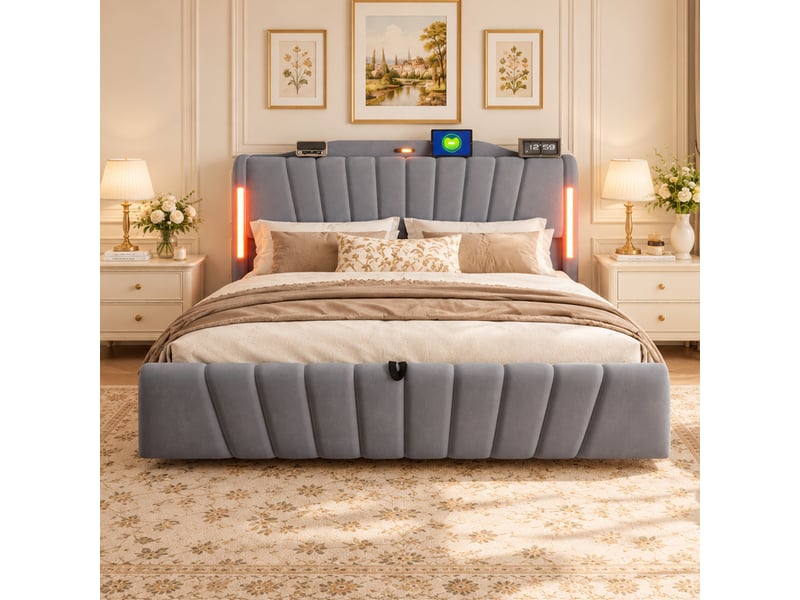  Lit coffre 180x200cm avec rangement hydraulique, tête de lit led connectée, ports usb et type-c, veilleuse et pied de lit surélevé, velours, gris evarich - Conforama E