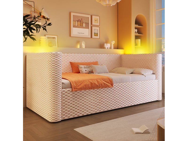  Lit enfant 90 x 200 cm avec rangement, led multicolore, sommier à lattes, moderne confort velours beige sans matelas  - Conforama D
