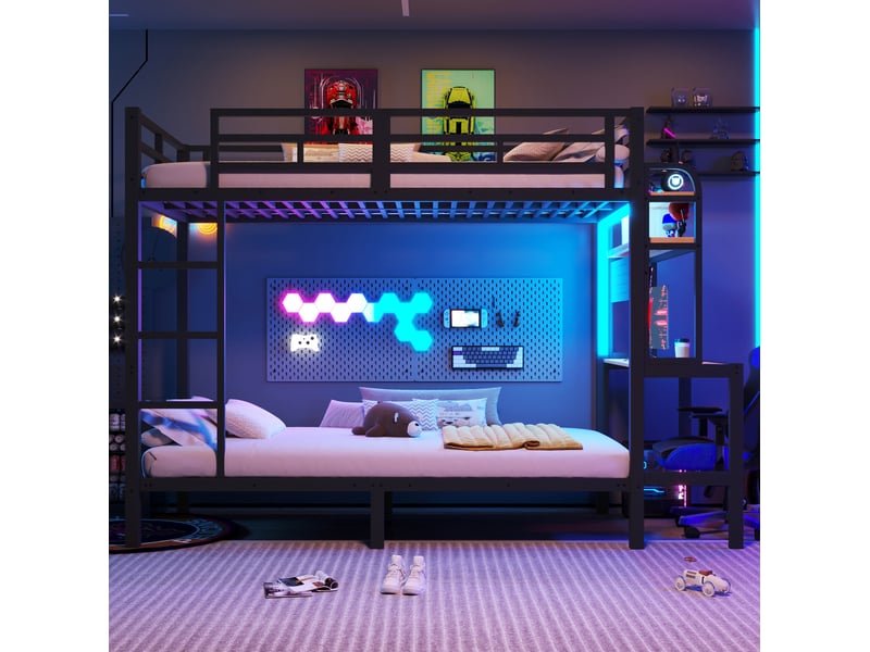  Lit superposé enfant 90x200 cm avec bureau, led et usb noir  - Conforama B