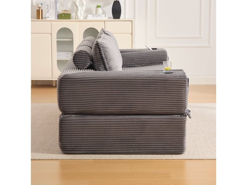  Canapé convertible 3 places en velours côtelé gris foncé avec porte-gobelet et coussins à mémoire de forme  - Conforama R