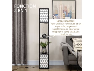 Lampadaire étagère 2 lampes 2 étagères 4 niveaux mdf noir motif nid d'abeille noir 26 x 26 x 156 cm