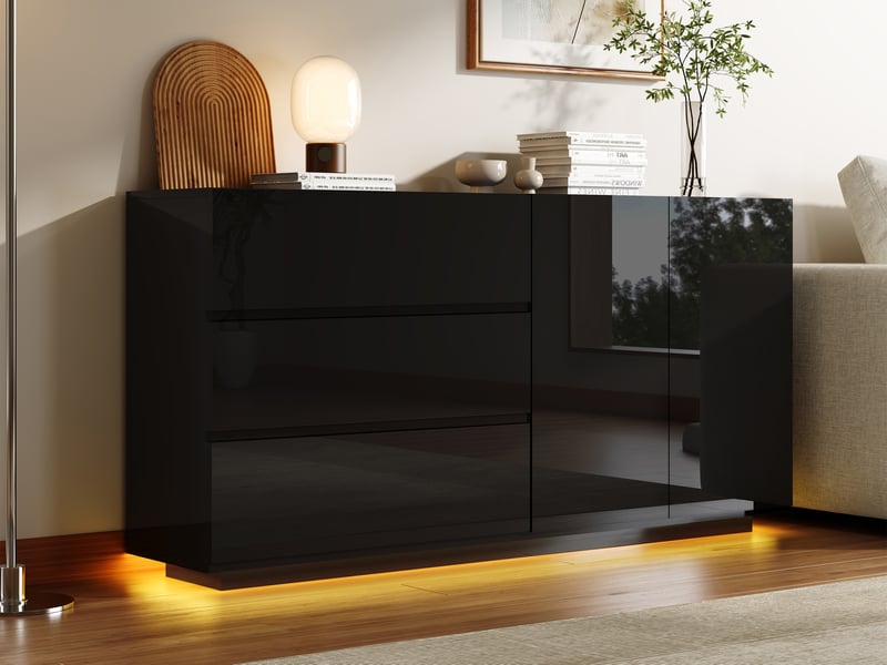  Meuble cuisine noir, 160x35x71 cm buffet cuisine bas noir laqué avec éclairage led - 2 portes et 3 tiroirs - pour cuisine, salle à manger, salon  - Conforama B