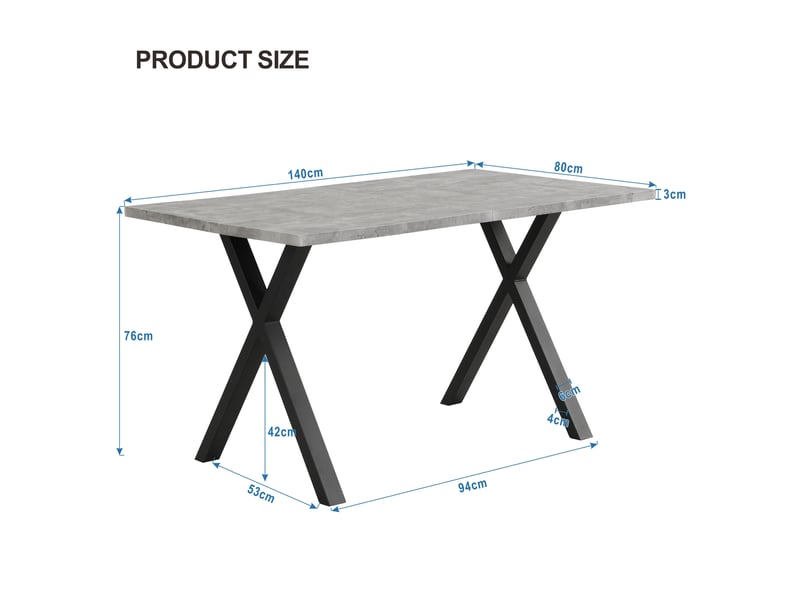  Table à manger 140x80x76 cm, pieds croisés, structure métal, plateau mdf, finition béton, noir et gris  - Conforama C