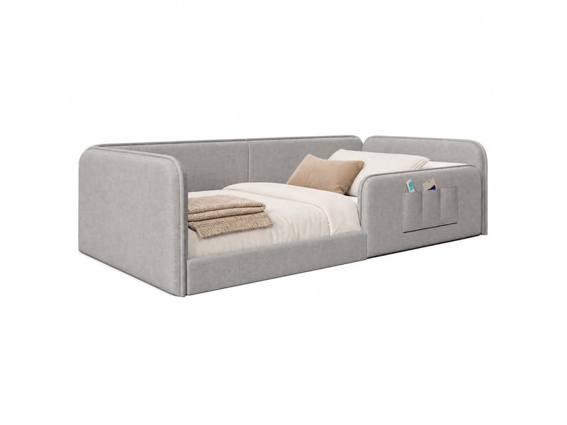  Lit plateforme modenvie 90 x 200 cm rembourré en lin gris avec cadre de sécurité tout autour et poches de rangement  - Conforama A