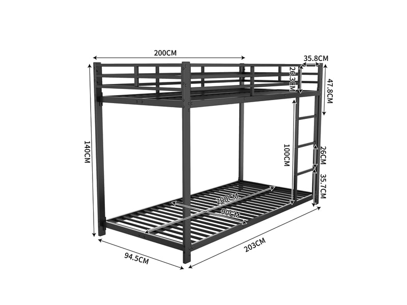  Lit superposé enfant, 90 × 200 cm, noir, métal, style classique, barrières 26 cm, dimensions 203 × 94,5 × 140 cm  - Conforama B