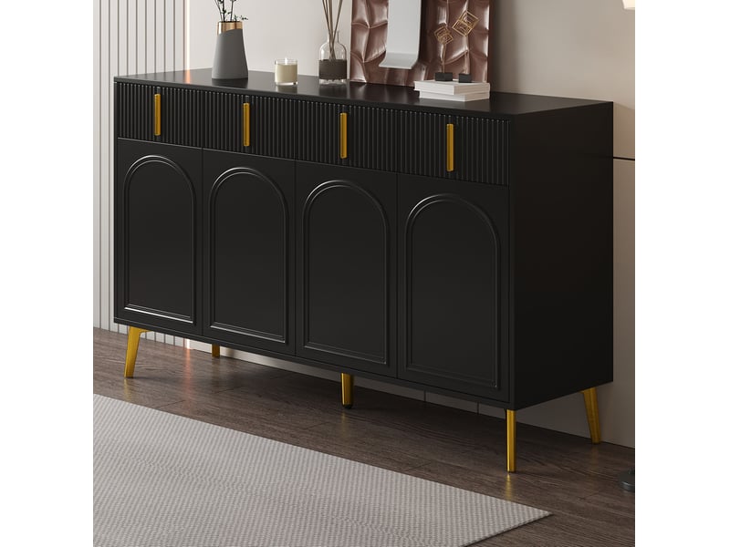 Buffet bas noir avec poignées et pieds dorés, 4 portes et 4 tiroirs, 140 x 38 x 82 cm - Conforama B