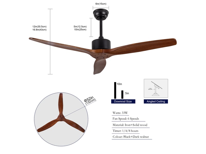 Ventilateur de plafond 132 cm sans éclairage en bois noyer foncé et noir avec télécommande  - Conforama C