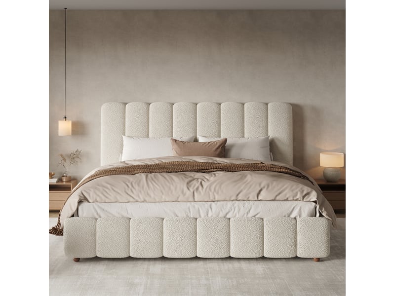  Lit rembourré modenvie double 180 x 200 cm bouclé blanc avec sommier à lattes  - Conforama E