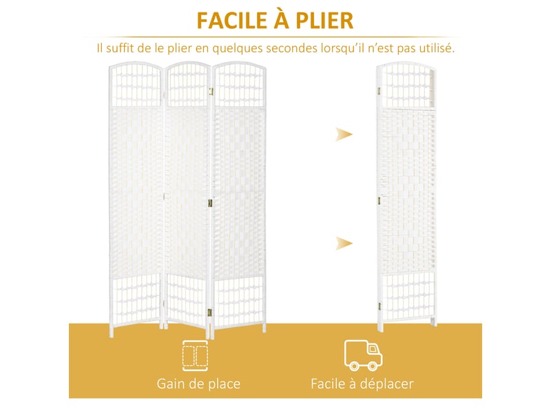  Paravent intérieur en bois séparateur de pièce cloison pliable 3 panneaux blanc 120 x 170 cm  - Conforama D