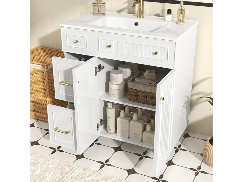  Meuble salle de bain avec lavabo 81.7 cm blanc - meuble sous vasque sur pied en mdf laqué et céramique  - Conforama C