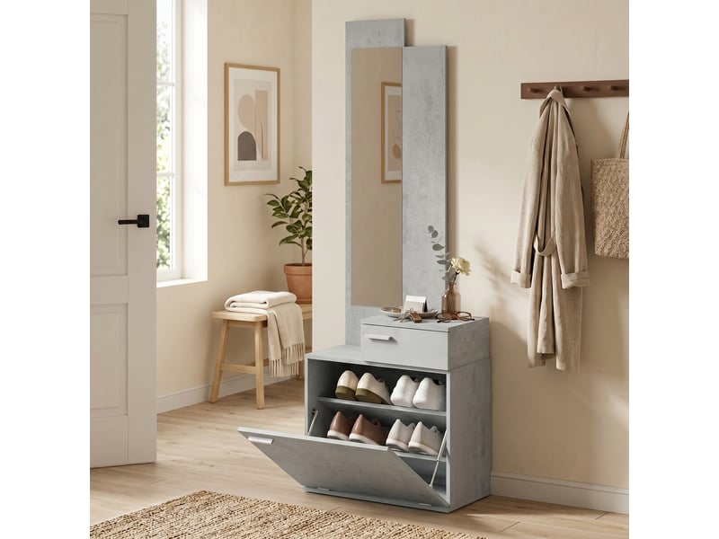  Ensemble meuble d'entrée avec miroir, tiroir 61 x 30 x 170 cm gris  - Conforama D