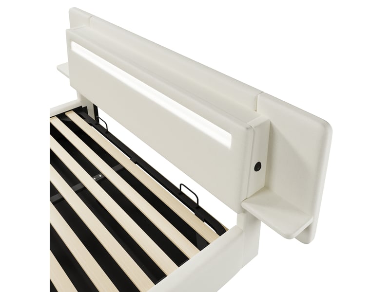  Lit coffre 180 x 200 cm beige en lin, rangement hydraulique, led multicolore, usb et table de chevet intégrée  - Conforama E