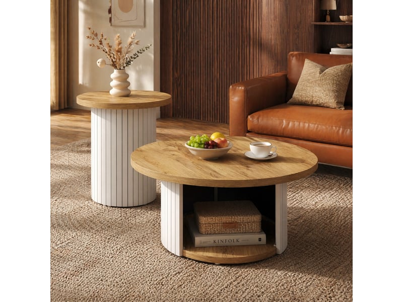  Set de tables basses rondes 75x75x50+45x45x35 cm avec rangement en mdf coloris naturel  - Conforama C