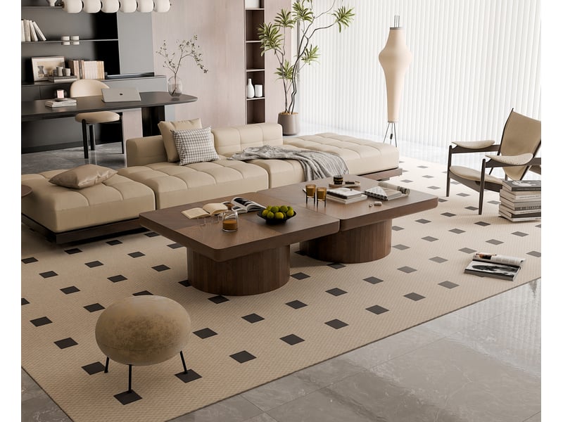  Table basse carrée 78x78x38 cm, plateau placage bois motif parquet base cylindrique bois mdf noyer  - Conforama D