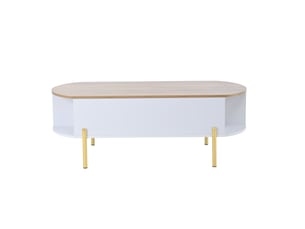 Table basse contemporaine relevable bois et blanc, 120 x 50 x 43 cm, rangements cachés et 7 niches