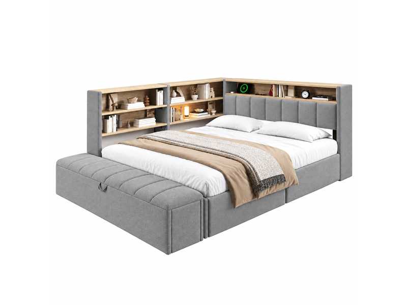  Lit banquette 140 x 200 cm, coffre hydraulique, prise électrique, rangement latéral réversible, port usb, bande led, velours, gris Bliss Lite - Conforama A